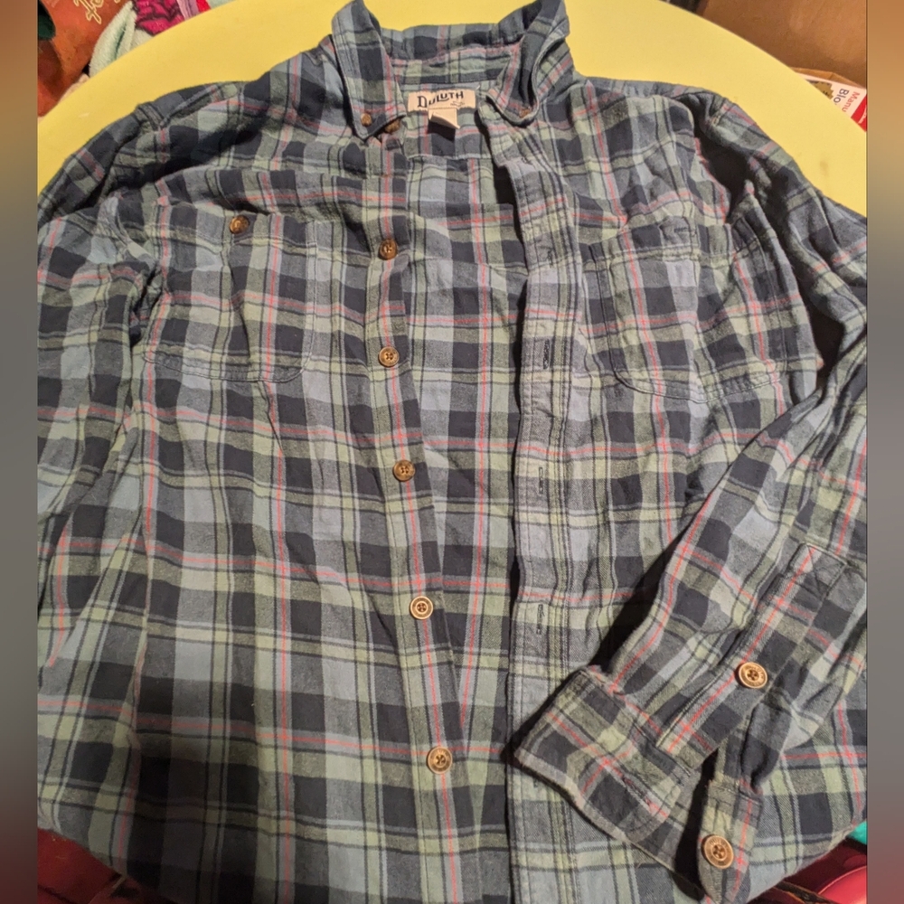 Duluth Trading Co. Large Tall Relaxed Fit Blue and Green Plaid Shirt